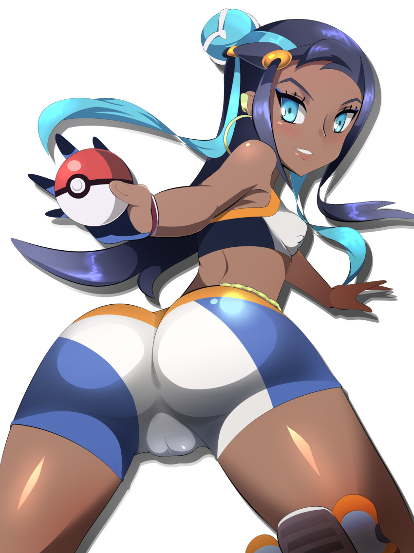 1girl aqua_eyes ass bike_shorts black_hair blush cameltoe dark_skin earrings eyeliner eyeshadow from_behind gloves hair_bun harubato highres holding holding_poke_ball hoop_earrings jewelry long_hair makeup multicolored_hair poke_ball pokemon pokemon_(game) pokemon_swsh rurina_(pokemon) single_glove sportswear tank_top two-tone_hair