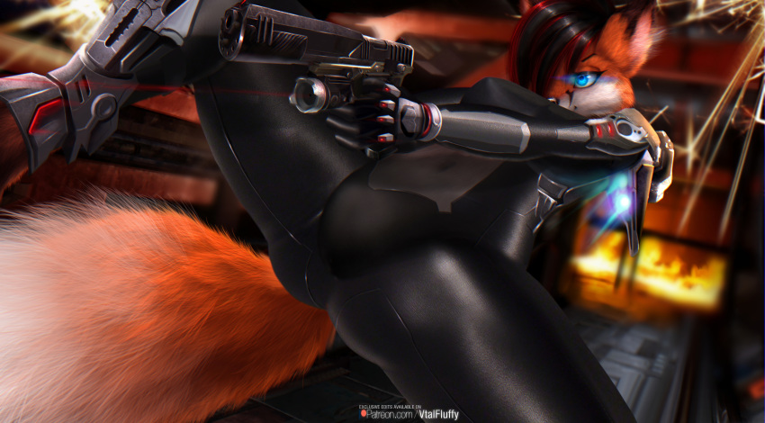 2019 3d_(artwork) absurd_res anthro big_breasts breasts butt canid canine clothing digital_media_(artwork) female fluffy fluffy_tail fox hi_res mammal spacesuit spread_legs spreading tight_clothing tight_outfit tight_suit v-tal victoria