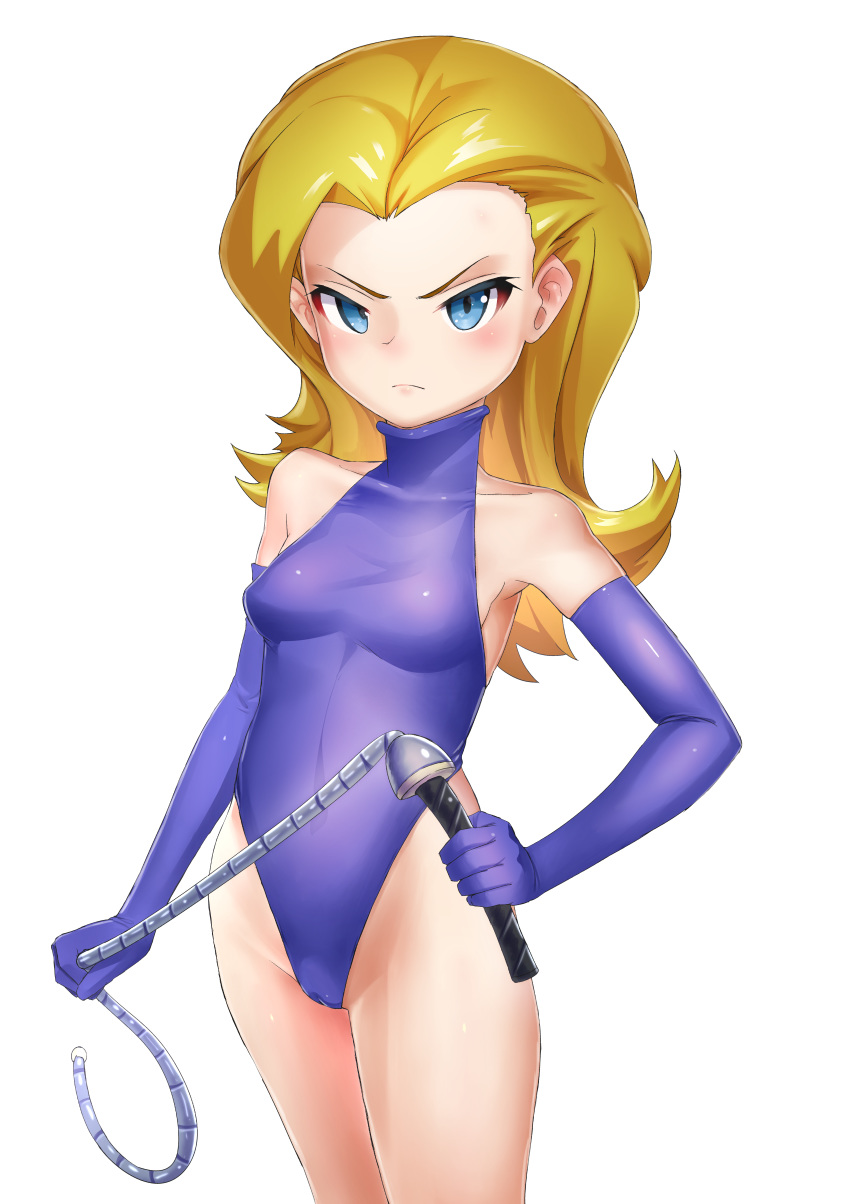 1girl absurdres bare_knuckle blonde_hair blue_eyes breasts cameltoe carbon12th closed_mouth commentary commission commissioner_upload dominatrix elbow_gloves electra_(bare_knuckle) gloves highres huge_filesize leotard long_hair looking_at_viewer sega simple_background solo whip white_background