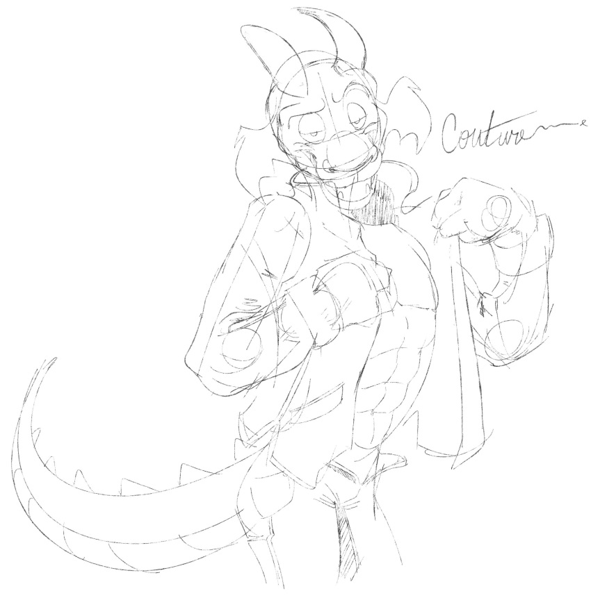 abs anthro bottomwear clothed clothing dragon flesh_whiskers half-closed_eyes hi_res horn jacket jeans looking_at_viewer male muscular open_shirt pants scalie sketch snowmutt solo topwear