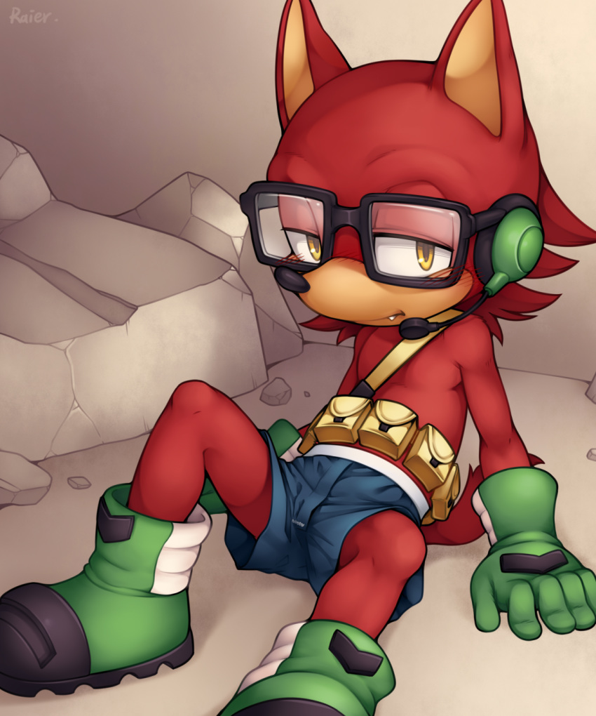 amber_eyes anthro bandoleer bedroom_eyes blush canid canine canis clothing custom_character_(sonic_forces) eyewear fur glasses gloves half-closed_eyes handwear headgear headphones headset hi_res looking_at_viewer male mammal pouches reclining rubble seductive sitting solo sonic_(series) sonic_forces underwear unrealplace wolf