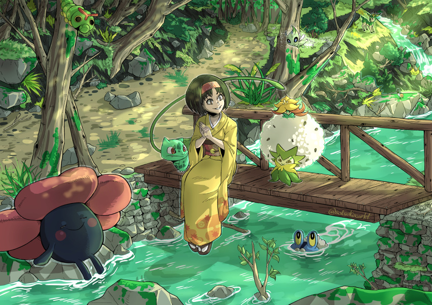 1girl bird black_hair branch bridge bulbasaur caterpie celebi commentary creature deerling eldegoss english_commentary erika_(pokemon) flat_chest fletchling flying froakie gen_1_pokemon gen_5_pokemon gen_6_pokemon gen_8_pokemon gossifleur grass grin gym_leader hands_together highres japanese_clothes kimono obi pokemon pokemon_(game) pokemon_hgss pokemon_trainer river road rock sandals sash satsukimanyula short_hair signature sitting smile tree vileplume water wooden_bridge