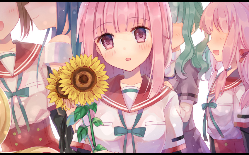 5girls :d bangs blue_hair blunt_bangs blush bow brown_hair character_request closed_mouth collarbone commentary_request eyebrows_visible_through_hair faceless faceless_female flower green_bow green_hair holding holding_flower letterboxed long_hair long_sleeves looking_at_viewer magia_record:_mahou_shoujo_madoka_magica_gaiden mahou_shoujo_madoka_magica multiple_girls open_mouth parted_lips pink_hair pleated_skirt red_eyes red_sailor_collar red_skirt sailor_collar school_uniform serafuku shikino_(sikinonono) shirt short_over_long_sleeves short_sleeves skirt smile solo_focus sunflower tamaki_iroha upper_body white_shirt yellow_flower