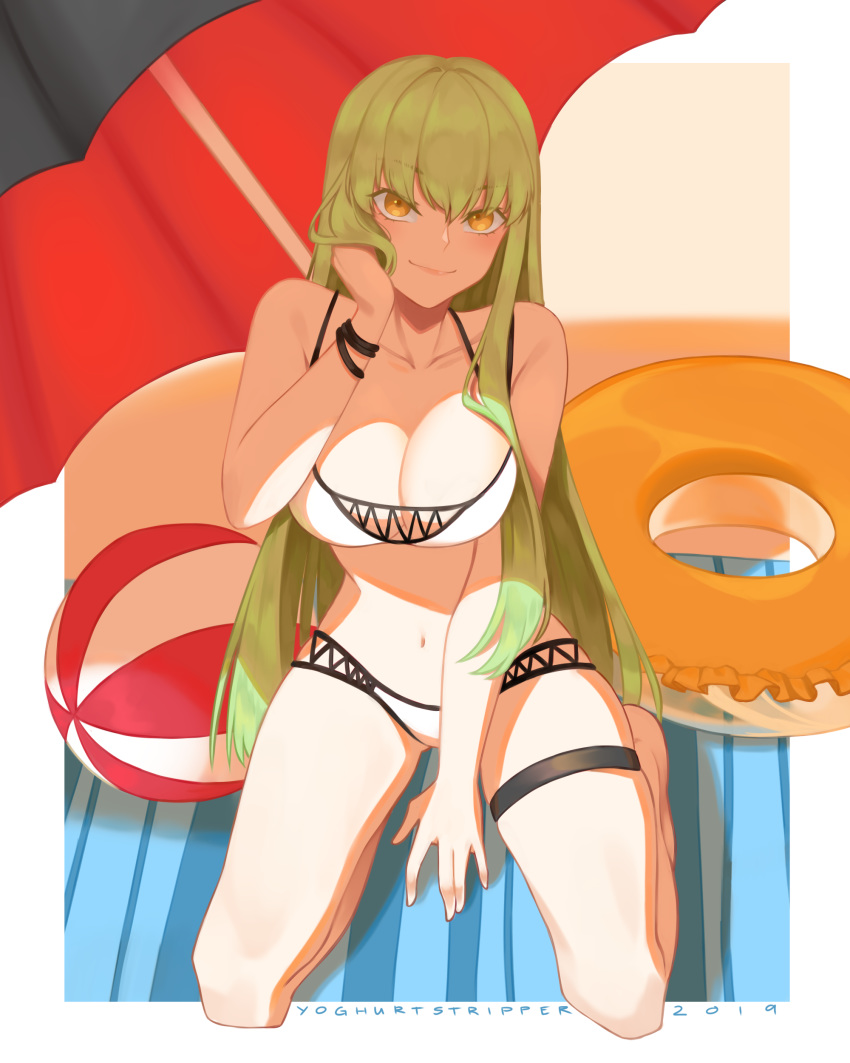 1girl absurdres ball barefoot beachball between_legs bikini bracelet breasts c.c. cleavage closed_mouth code_geass collarbone full_body green_hair hand_between_legs highres innertube jewelry kneeling large_breasts long_hair parasol shield smile solo straight_hair swimsuit thigh_strap umbrella very_long_hair white_bikini yellow_eyes yoghurtstripper