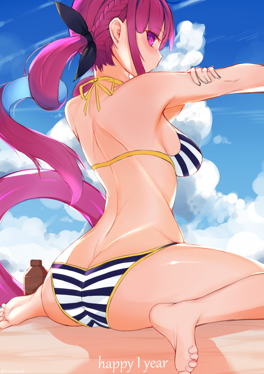 1girl absurdres armpits ass bangs bare_arms bare_shoulders barefoot beach bikini black_ribbon blue_hair blue_sky blush braid breasts butt_crack choumi_wuti_(xueye_fanmang_zhong) cloud cloudy_sky commentary day eyebrows_visible_through_hair fingernails hair_ribbon halter_top halterneck highres hololive innertube large_breasts long_hair looking_at_viewer looking_back minato_aqua multicolored_hair outdoors purple_eyes purple_hair ribbon sand sidelocks sky soles solo striped striped_bikini swimsuit twintails two-tone_hair very_long_hair virtual_youtuber