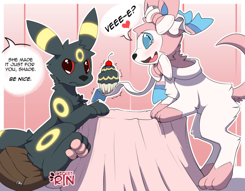 blush bodily_fluids cupcake eeveelution female food male nintendo pok&eacute;mon pok&eacute;mon_(species) pokepuff sylveon tears umbreon video_games wicketrin