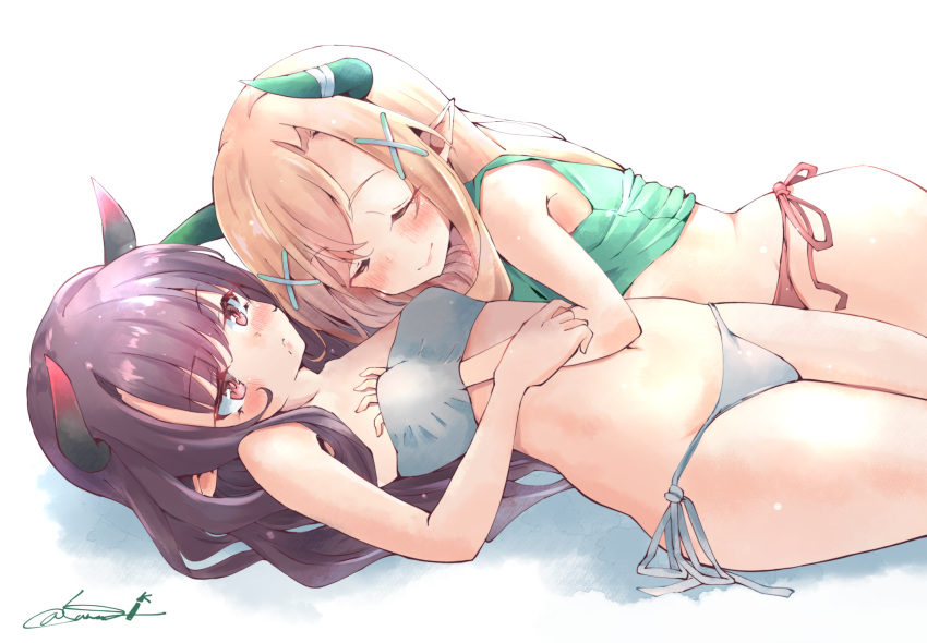 2girls azur_lane bandeau bare_shoulders bikini black_hair blush breast_grab breasts brown_hair closed_eyes commentary_request grabbing green_shirt highres horns kuroshio_(azur_lane) long_hair lying multiple_girls oyashio_(azur_lane) pointy_ears sanagi_(ajtoekaki64166329) shirt side-tie_bikini signature small_breasts smile swimsuit yuri