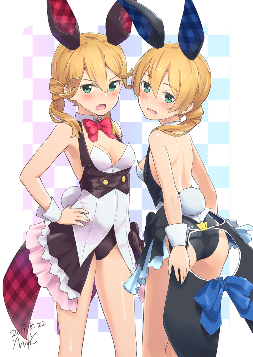 2girls alice_gear_aegis animal_ears ass bangs bare_legs blonde_hair blush breasts bunny_ears bunny_girl bunny_tail bunnysuit dated errant eyebrows_visible_through_hair fake_animal_ears green_eyes hair_between_eyes hand_on_hip highres kotomura_akane kotomura_amane leotard looking_at_viewer looking_back multiple_girls open_mouth signature small_breasts standing tail wrist_cuffs