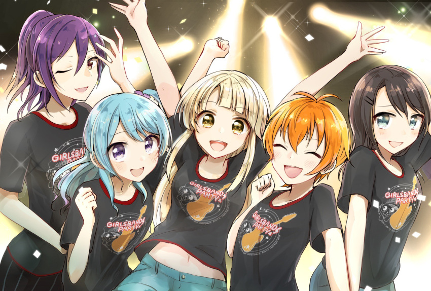 5girls :d \o/ ^_^ antenna_hair arms_up bang_dream! black_hair black_shirt blonde_hair blush clenched_hand clenched_hands closed_eyes confetti diffraction_spikes group_picture hair_ornament hairclip half_updo hello_happy_world! highres kitazawa_hagumi long_hair matsubara_kanon multiple_girls navel okusawa_misaki one_side_up open_mouth orange_hair outstretched_arms print_shirt purple_eyes purple_hair raised_fist semikaskas seta_kaoru shirt short_hair smile stage_lights tsurumaki_kokoro yellow_eyes