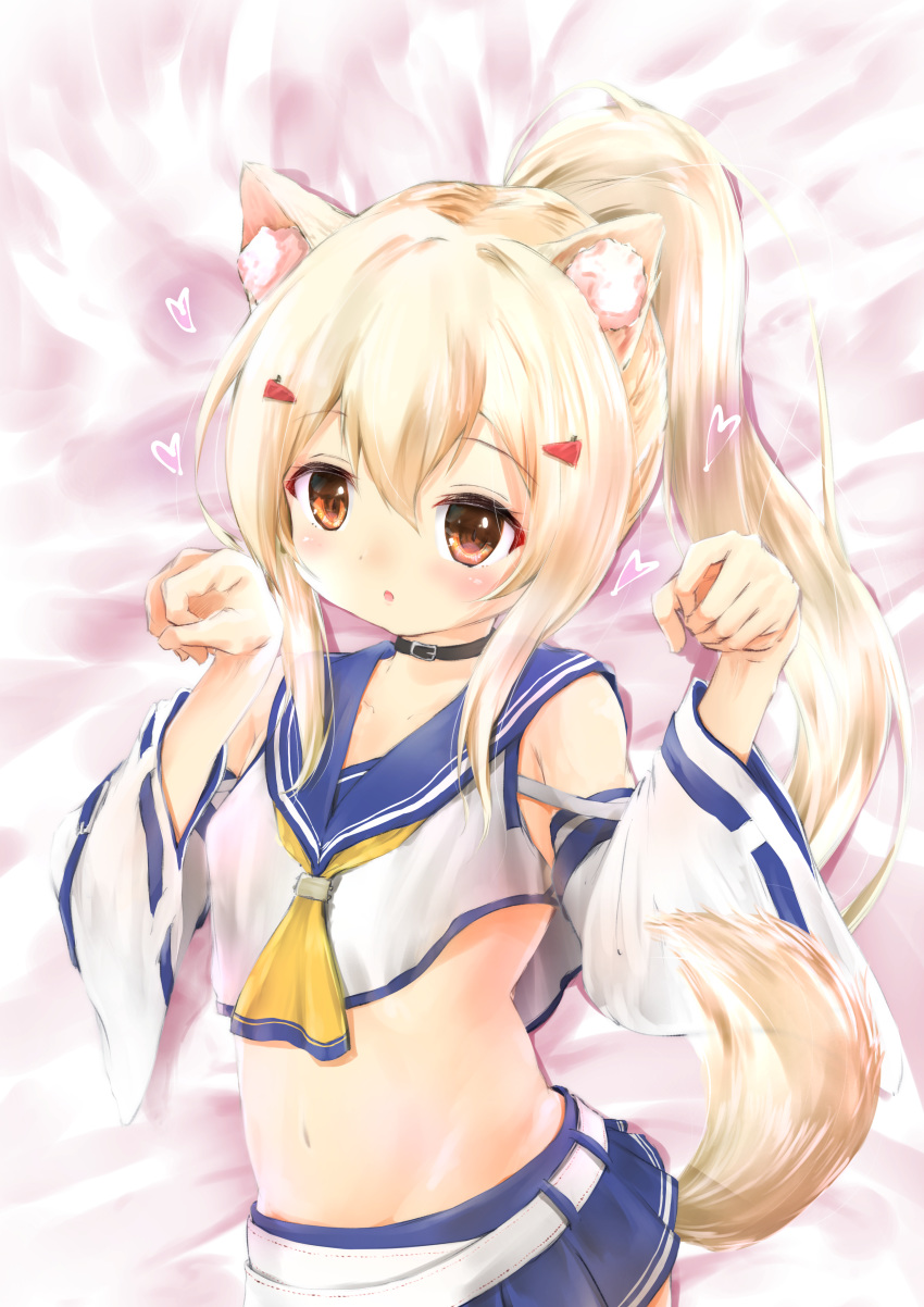 1girl :o absurdres animal_ear_fluff animal_ears ayanami_(azur_lane) azur_lane bangs belt blonde_hair blue_sailor_collar blue_skirt blush brown_eyes collarbone commentary_request crop_top detached_sleeves dog_ears dog_girl dog_tail eyebrows_visible_through_hair hair_between_eyes hair_ornament hairclip heart high_ponytail highres kemonomimi_mode long_hair long_sleeves maru_shion midriff parted_lips paw_pose pleated_skirt ponytail retrofit_(azur_lane) sailor_collar shirt sidelocks skirt solo tail very_long_hair white_belt white_shirt white_sleeves wide_sleeves yellow_neckwear