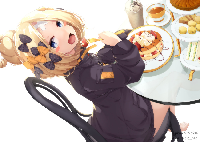 1girl :d abigail_williams_(fate/grand_order) absurdres bangs barefoot black_bow black_jacket blonde_hair blue_eyes blush_stickers bow chair crossed_bandaids cup disposable_cup fate/grand_order fate_(series) food fork hair_bow hair_bun hand_up head_tilt heroic_spirit_traveling_outfit highres holding holding_fork jacket kana616 long_hair long_sleeves looking_at_viewer looking_to_the_side on_chair open_mouth orange_bow pancake parted_bangs plate polka_dot polka_dot_bow sandwich simple_background sitting sleeves_past_fingers sleeves_past_wrists smile solo stack_of_pancakes stuffed_animal stuffed_toy table tea teacup teddy_bear tiered_tray twitter_username white_background