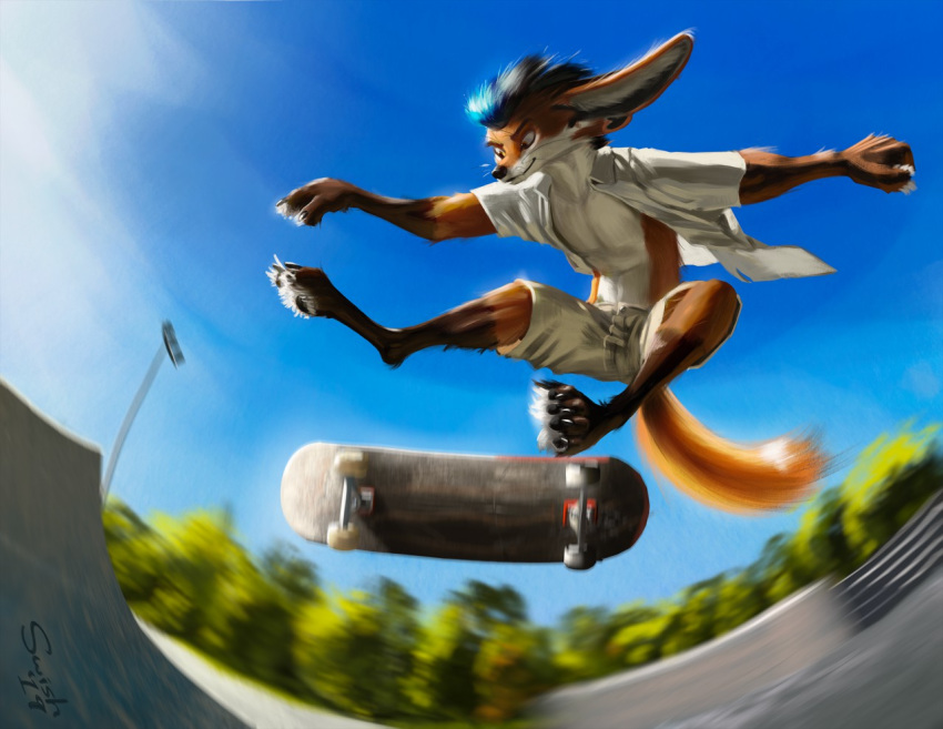 2019 4_toes 5_fingers anthro black_nose brown_fur canid canine clothed clothing day detailed_background digital_media_(artwork) fennec fingers fox fur hair male mammal orange_fur outside sky solo swish toes