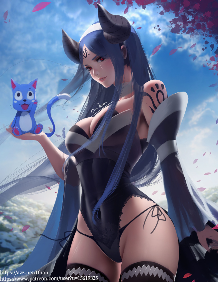 1girl absurdres animal blue_hair blue_sky breasts cat choker cleavage cloud cloudy_sky covered_navel cowboy_shot d-han detached_sleeves facial_mark forehead_mark highres holding holding_animal horns large_breasts leotard long_hair makeup mascara mole mole_under_eye original panties petals red_eyes side-tie_panties signature sky solo strapless strapless_leotard tattoo thighhighs tree underwear watermark web_address wide_sleeves