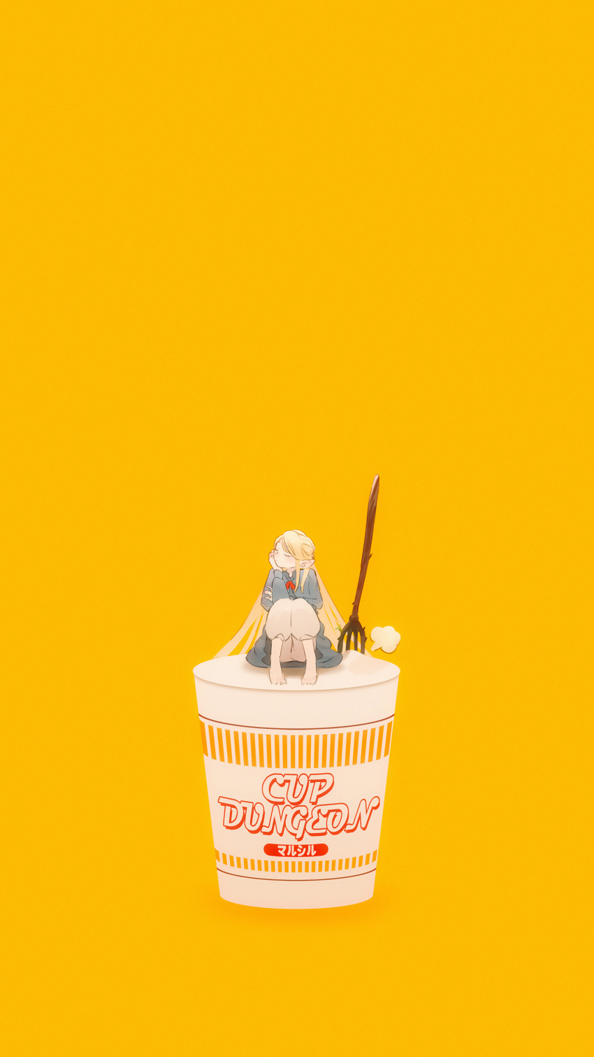 0x3 1girl absurdres blonde_hair closed_eyes commentary cup_ramen dungeon_meshi elf highres knees_up long_hair marcille pointy_ears simple_background sitting solo yellow_background