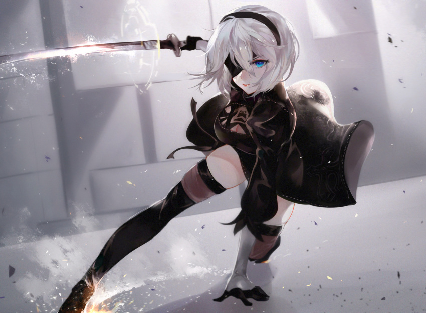 cleavage dress eyepatch heels nier_automata sword thighhighs vardan yorha_no.2_type_b