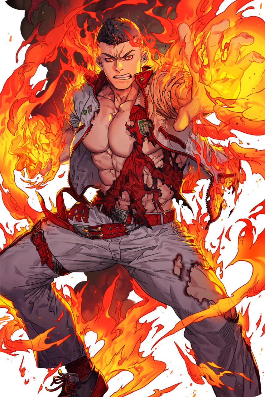 1boy abs belt black_hair burning_hand emblem fire grimace highres jacket looking_at_viewer male_focus muscle open_clothes red_eyes red_legwear shirt shoes smoke sneakers soccer_spirits solo taehoon_(soccer_spirits) thigh_strap torn_clothes torn_shirt yi_lee