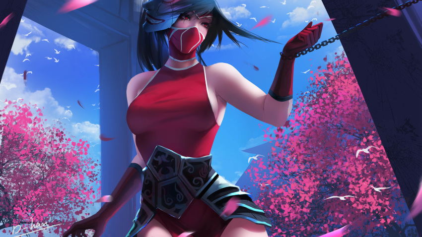 1girl absurdres akali bird black_hair blue_sky breasts chain cloud d-han face_mask gloves highres league_of_legends leotard mask mask_on_head medium_breasts petals red_eyes red_gloves signature sky solo tree upper_body