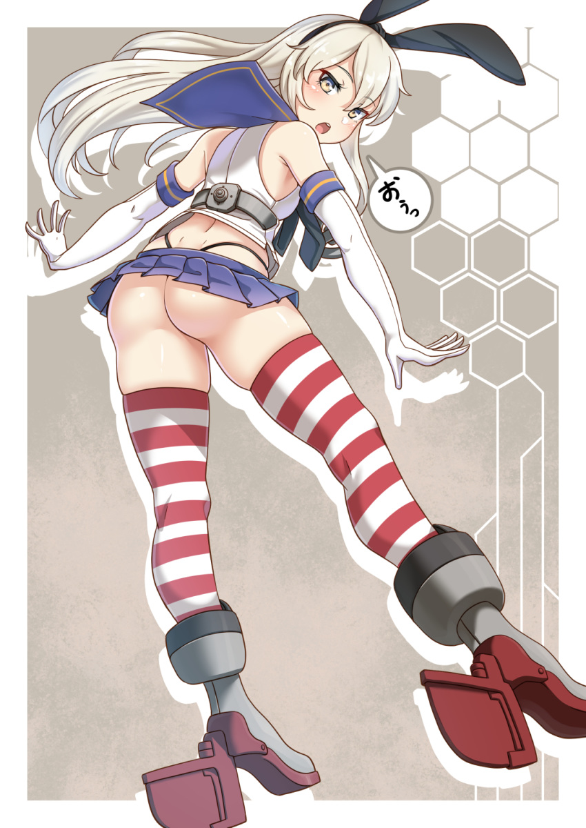 1girl anchor_hair_ornament ass black_hairband black_panties blonde_hair blue_skirt breasts crop_top elbow_gloves eyebrows_visible_through_hair gloves grey_eyes hair_between_eyes hair_ornament hairband highleg highleg_panties highres kantai_collection long_hair microskirt miniskirt panties ryuun_(stiil) sailor_collar school_uniform serafuku shimakaze_(kantai_collection) skirt small_breasts solo striped striped_legwear thighhighs underwear white_gloves