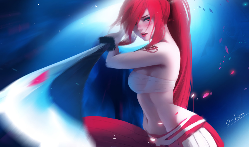 1girl artist_name breasts d-han erza_scarlet fairy_tail hair_over_one_eye highres long_hair medium_breasts midriff navel ponytail red_eyes red_hair red_lips sarashi signature solo sword tattoo weapon