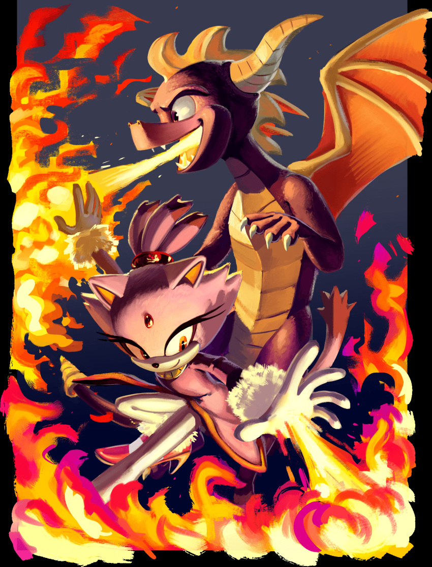 2018 activision anthro blaze_the_cat clothing crossover dragon duo felid feline female fire footwear fur gloves handwear hi_res horn knockabiller male mammal membrane_(anatomy) membranous_wings purple_fur sonic_(series) spyro spyro_the_dragon video_games wings yellow_eyes