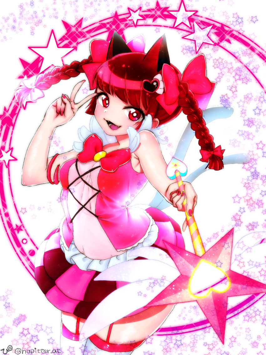 1girl :3 :d alternate_costume animal_ears bangs bare_shoulders bow braid breasts cat_ears cat_girl cat_tail cosplay cowboy_shot extra_ears fangs fingernails garter_straps hair_bow hair_ornament heart heart_hair_ornament highres hinapi holding holding_wand kaenbyou_rin legs_together lobotomy_corporation long_hair magical_girl miniskirt multiple_tails open_mouth pink_bow pink_nails queen_of_hatred queen_of_hatred_(cosplay) red_eyes red_hair skirt small_breasts smile star striped striped_skirt tail tail_raised thighhighs thighs touhou twin_braids twitter_username two_tails v vertical-striped_skirt vertical_stripes wand white_legwear zettai_ryouiki
