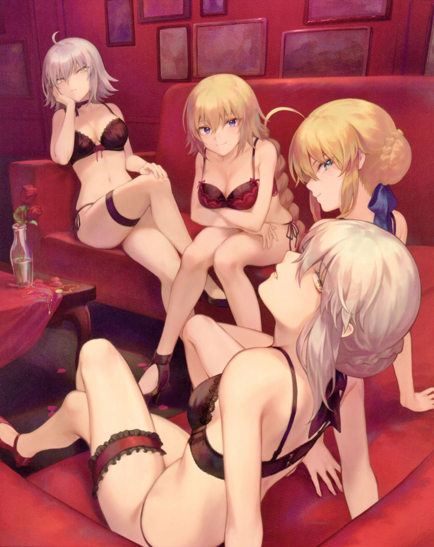 4girls absurdres ahoge arm_support artoria_pendragon_(all) bangs bare_shoulders black_bra black_footwear black_panties blonde_hair blue_eyes blue_ribbon blush bow bow_bra bra braid breasts cleavage closed_mouth collarbone couch crossed_arms crossed_legs crown_braid elbow_rest expressionless eyebrows_visible_through_hair fate/apocrypha fate/grand_order fate/stay_night fate_(series) flower green_eyes groin hair_between_eyes hair_bun hair_ribbon half-closed_eyes hand_on_own_cheek hand_on_own_knee head_tilt high_heels highres indoors jeanne_d'arc_(alter)_(fate) jeanne_d'arc_(fate) jeanne_d'arc_(fate)_(all) jewelry knees_together_feet_apart large_breasts leaning_back leaning_forward leg_garter lingerie long_hair looking_at_viewer mashuu_(neko_no_oyashiro) medium_breasts multiple_girls navel necklace panties parted_lips photo_(object) picture_frame red_bra red_flower red_footwear red_rose removed ribbon ribbon-trimmed_bra rose saber saber_alter scan short_hair side-tie_panties sidelocks signature single_braid sitting smile stomach table tareme thighs twitter_username underwear underwear_only vase very_long_hair yellow_eyes