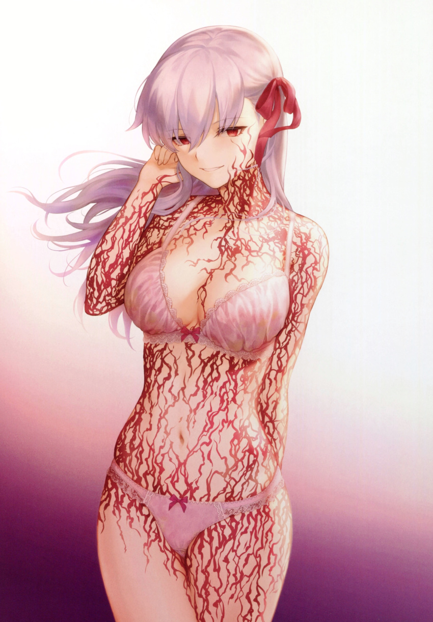 1girl absurdres bangs bare_shoulders blush body_markings bow bow_bra bow_panties bra breasts cleavage collarbone corruption dark_persona dark_sakura eyebrows_visible_through_hair fate/stay_night fate_(series) floating_hair gradient gradient_background grin hair_between_eyes hair_ribbon hand_up heaven's_feel highres large_breasts long_hair looking_at_viewer mashuu_(neko_no_oyashiro) matou_sakura navel panties pink_bra pink_panties purple_hair red_eyes ribbon scan sidelocks signature smile solo thighs tsurime twitter_username underwear