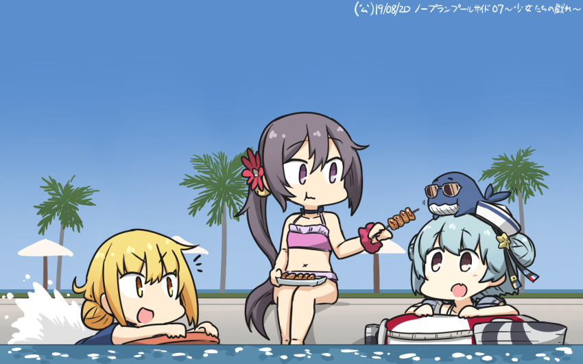1other 3girls akebono_(kantai_collection) animal animal_on_head beach_umbrella bell bikini black_ribbon blonde_hair blue_hair blue_sky blue_swimsuit commentary_request dated day dixie_cup_hat double_bun fang flower food hair_bell hair_flower hair_ornament hamu_koutarou hat hat_ribbon highres innertube jingle_bell kantai_collection kebab kickboard little_blue_whale_(kantai_collection) long_hair low_twintails military_hat multiple_girls on_head open_mouth outdoors palm_tree pink_bikini poolside purple_eyes purple_hair ribbon samuel_b._roberts_(kantai_collection) satsuki_(kantai_collection) school_swimsuit short_hair side_ponytail skin_fang sky sunglasses swimsuit tree twintails umbrella very_long_hair whale white_headwear x_navel yellow_eyes