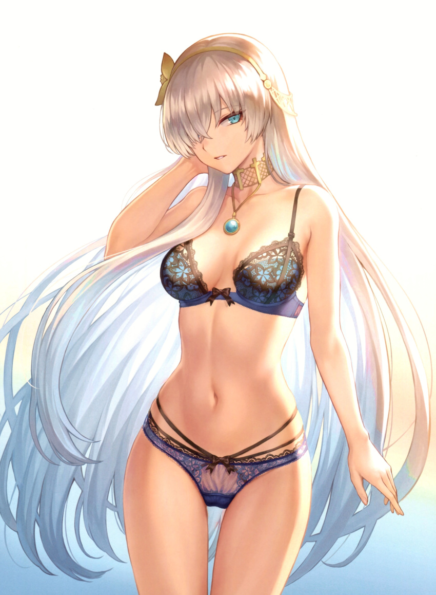 1girl absurdres anastasia_(fate/grand_order) arm_at_side bangs bare_shoulders blue_bra blue_eyes blue_panties blush bra breasts choker collarbone contrapposto cowboy_shot eyebrows_visible_through_hair fate/grand_order fate_(series) gradient gradient_background groin hair_between_eyes hair_over_one_eye hairband hand_on_own_face highres lingerie long_hair looking_at_viewer mashuu_(neko_no_oyashiro) medium_breasts multi-strapped_panties navel panties parted_lips ribbon-trimmed_bra ribbon-trimmed_panties scan silver_hair skindentation smile solo stomach thigh_gap thighs topaz_(gemstone) underwear very_long_hair