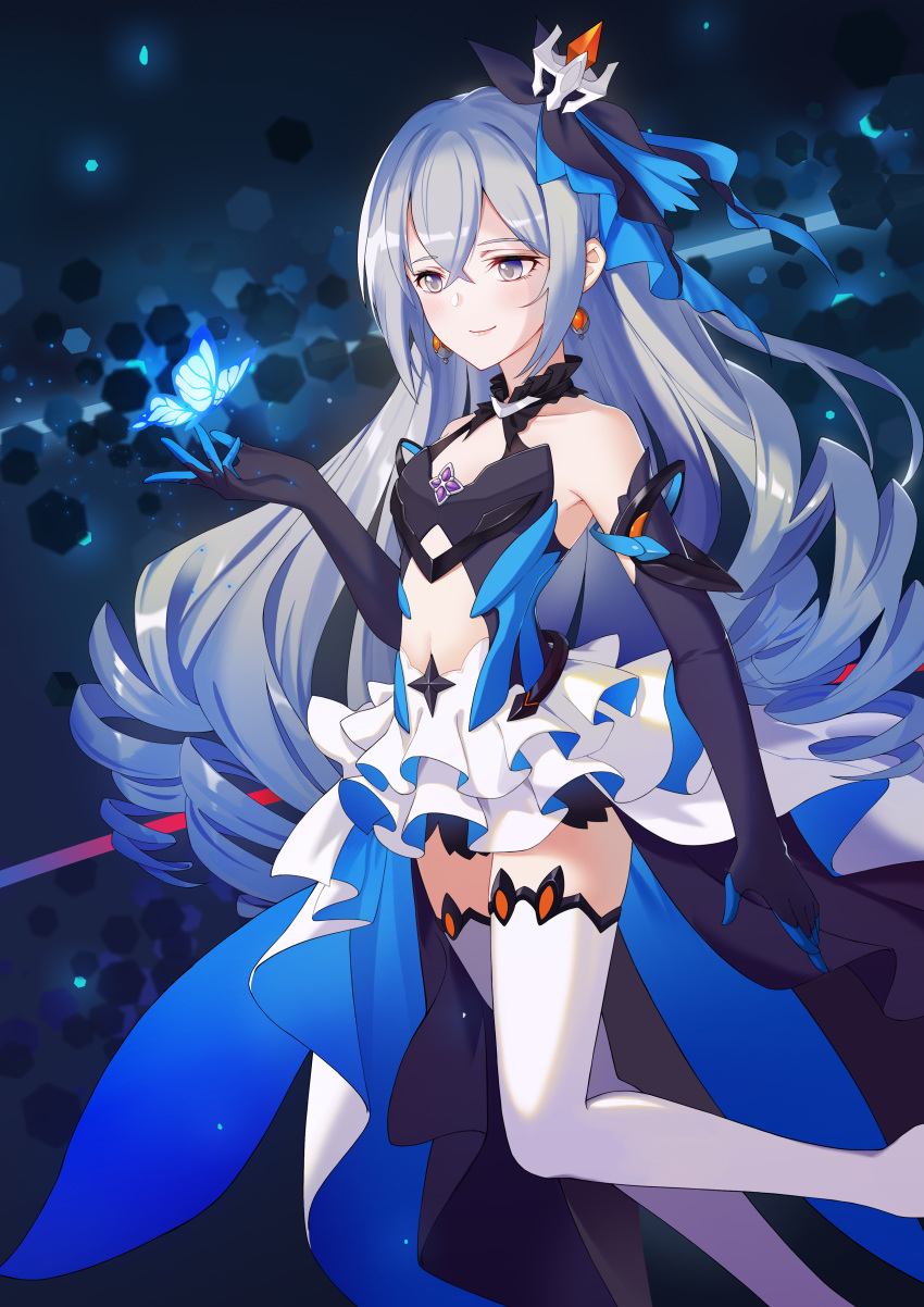 1girl absurdres benghuai_xueyuan black_gloves bronya_zaychik bug butterfly closed_mouth collarbone drill_hair earrings elbow_gloves flat_chest floating_hair gloves grey_eyes hair_between_eyes hair_ornament highres honkai_(series) honkai_impact_3rd insect jewelry layered_skirt long_hair miniskirt navel shiny shiny_hair silver_hair skirt smile solo standing thighhighs tsubasa19900920 very_long_hair white_legwear white_skirt zettai_ryouiki