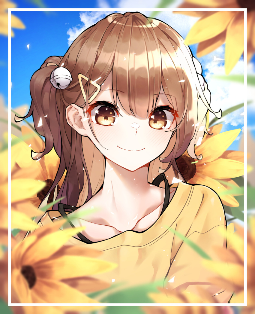 1girl bell blurry bra_strap brown_eyes brown_hair closed_mouth cloud collarbone day depth_of_field flower frame hair_ornament hairclip highres jingle_bell long_hair looking_at_viewer one_side_up original se.a shirt sky smile solo tam_tambourine upper_body yellow_flower yellow_shirt