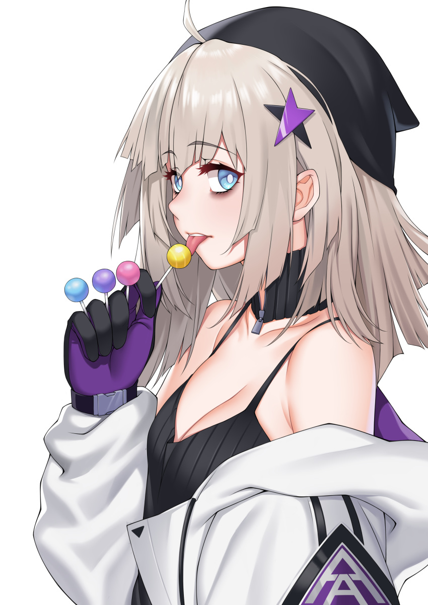 1girl aa-12_(girls_frontline) absurdres ahoge bangs bare_shoulders between_fingers black_gloves black_headwear blue_eyes breasts bright_pupils candy chinese_commentary cleavage coat commentary_request detached_collar eyebrows_visible_through_hair food from_side girls_frontline gloves grey_coat hair_ornament highres holding holding_food licking lollipop long_sleeves looking_at_viewer looking_to_the_side makeup mascara medium_breasts medium_hair off_shoulder open_clothes open_coat simple_background solo star star_hair_ornament tank_top tongue tongue_out upper_body white_background zipper_pull_tab zui_ai_shuang_mawei