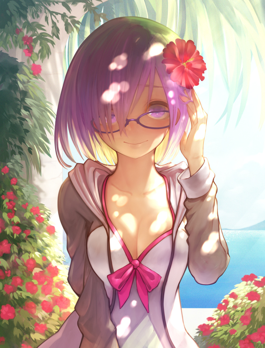 1girl bow breasts cleavage collarbone day dress fate/grand_order fate_(series) flower glasses grey_sleeves hair_over_one_eye hand_in_hair hibiscus highres hood hood_down hooded_jacket jacket long_sleeves looking_at_viewer mash_kyrielight medium_breasts ocean open_clothes open_jacket outdoors purple-framed_eyewear purple_eyes purple_hair red_bow red_flower red_hair short_hair solo standing teko upper_body white_dress white_jacket