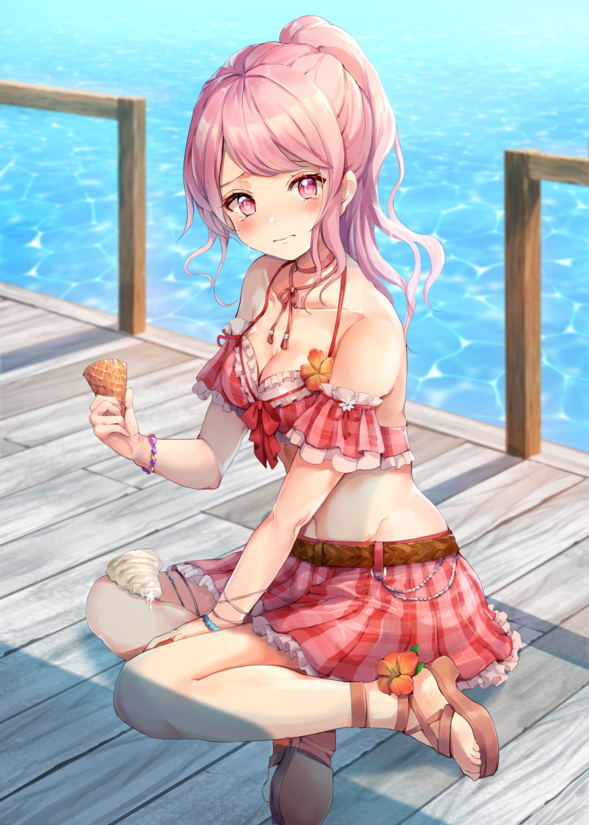 1girl absurdres alternate_hairstyle ankle_flower ankle_strap anklet bang_dream! bangs belt bikini bikini_skirt blush bracelet breasts brown_footwear choker cleavage collarbone commentary_request day detached_sleeves dock food food_on_legs frilled_bikini frills frown groin highres holding_foot ice_cream ice_cream_cone ice_cream_cone_spill jewelry long_hair looking_at_viewer maruyama_aya medium_breasts navel nogi_momoko outdoors pink_eyes pink_hair ponytail red_bikini red_choker sandals sidelocks sitting solo strap striped swimsuit tearing_up vertical-striped_bikini vertical_stripes water