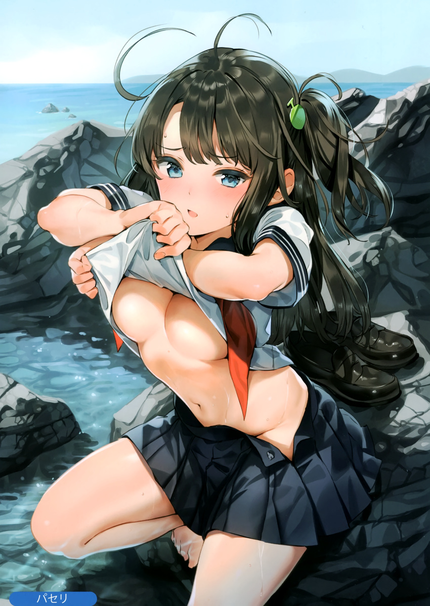 1girl absurdres ahoge banned_artist barefoot black_footwear black_hair black_skirt blue_eyes blue_sky blush breasts cleavage day highres large_breasts loafers long_hair looking_at_viewer melonbooks miniskirt navel neckerchief one_side_up outdoors parted_lips paseri pleated_skirt rock scan school_uniform serafuku shirt shoes shoes_removed short_sleeves sidelocks skirt sky solo stomach sweat thighs undressing water white_shirt