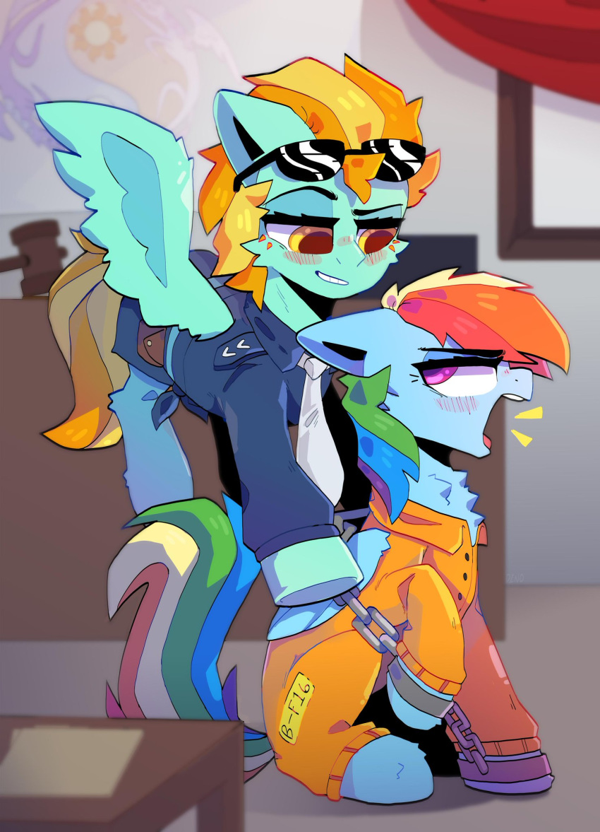 angry better_version_at_source bound chain clothing dinohorse duo equid equine friendship_is_magic handcuffs hi_res lightning_dust_(mlp) mammal my_little_pony police prison_jumpsuit prison_uniform prisoner pterippus rainbow_dash_(mlp) shackles wings