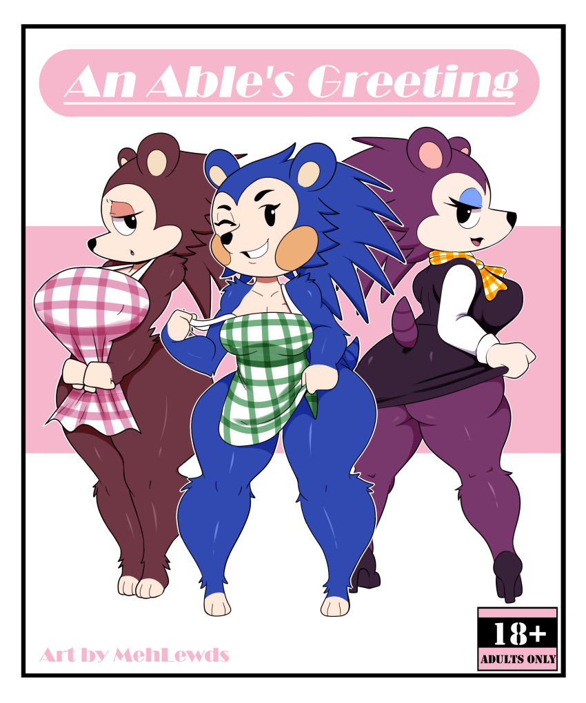 2019 absurd_res animal_crossing apron apron_only big_breasts big_butt blue_fur bottomless breasts butt clothed clothing clothing_lift cover dress dress_lift eulipotyphlan eyelashes eyeshadow female fur group half-closed_eyes hedgehog hi_res labelle_able mabel_able makeup mammal mehdrawings mostly_nude nintendo one_eye_closed purple_fur red_fur sable_able scarf short_stack sibling signature sister sisters smile standing text thick_thighs video_games wink