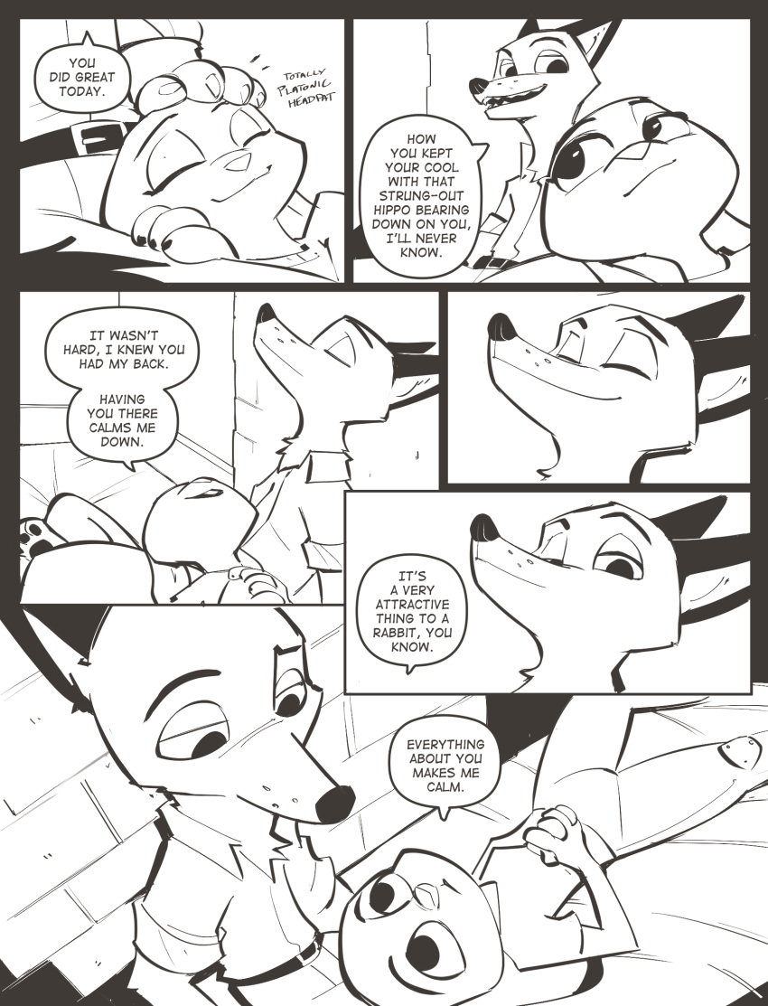 anthro bed black_and_white canid canine clothed clothing comic disney duo female fox hi_res judy_hopps lagomorph leporid male mammal mistermead monochrome nick_wilde rabbit speech_bubble text zootopia