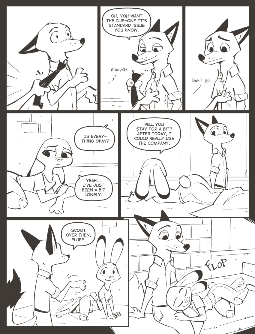anthro bed black_and_white canid canine clothed clothing comic disney duo female fox hi_res judy_hopps lagomorph leporid male mammal mistermead monochrome necktie nick_wilde rabbit speech_bubble text zootopia