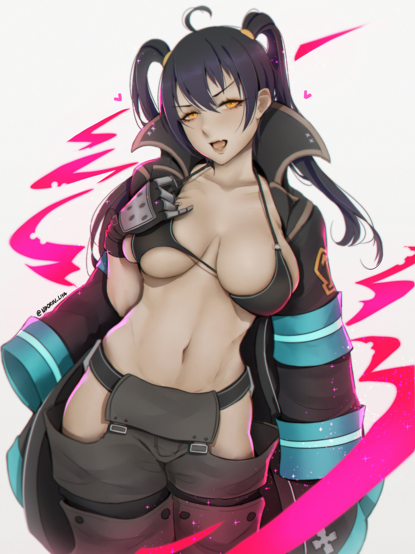 1girl absurdres ahoge black_bikini_top black_coat black_gloves black_hair breasts coat collarbone en'en_no_shouboutai eyebrows_visible_through_hair eyelashes fang gloves hair_between_eyes hair_intakes hand_up head_tilt heart highres hip_vent large_breasts leaning_to_the_side legs_together lifted_by_self liya_nikorov long_hair looking_at_viewer navel neon_trim o-ring o-ring_bikini o-ring_top open_clothes open_coat open_mouth round_teeth sidelocks simple_background skin_fang skindentation solo sparkle standing strap_gap strap_lift tamaki_kotatsu teeth toned tongue twintails twitter_username white_background yellow_eyes