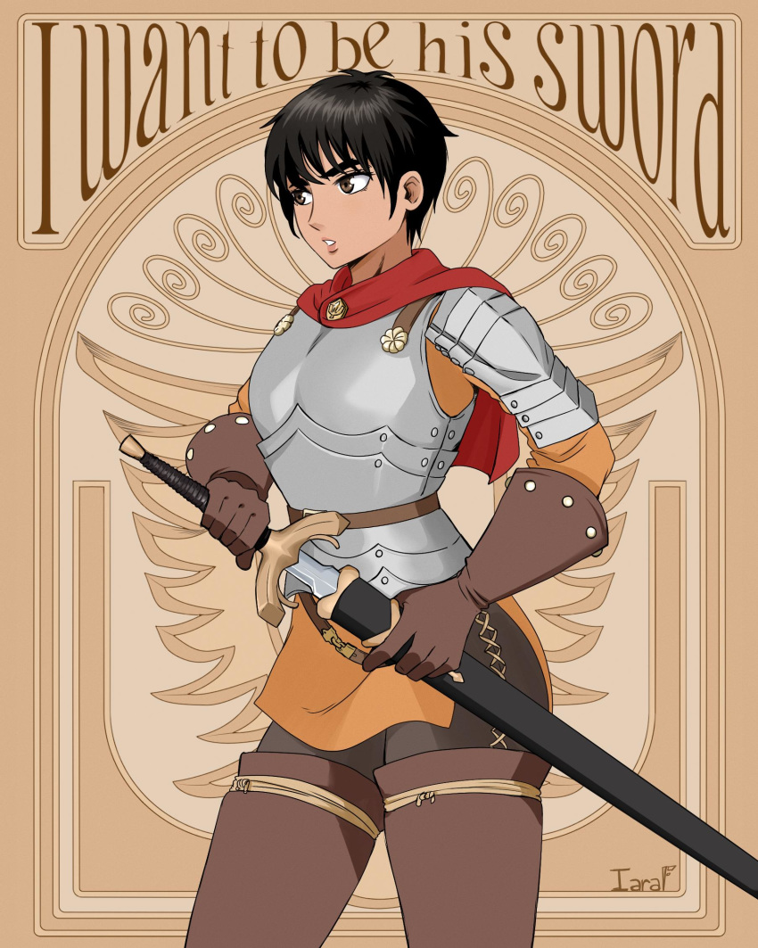 1girl armor bangs berserk black_hair breastplate brown_background brown_eyes brown_gloves capelet casca commentary_request dark_skin drawing_sword gloves head_tilt highres holding holding_sword holding_weapon iaranaika looking_to_the_side open_mouth orange_shirt red_capelet shirt short_hair shoulder_armor solo spaulders sword teeth text_focus upper_body weapon