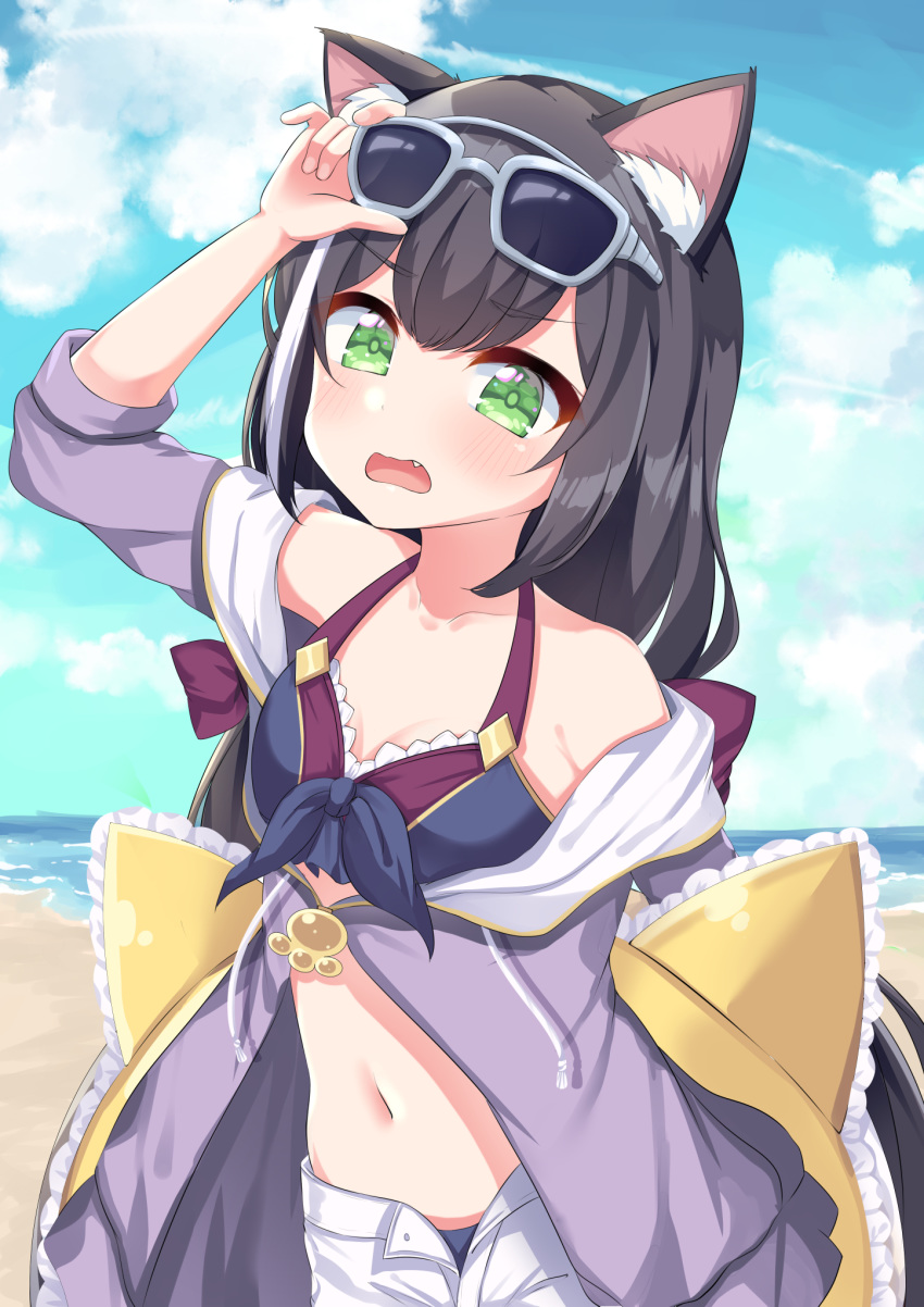 1girl animal_ear_fluff animal_ears arm_up bare_shoulders beach bikini bikini_under_clothes black_hair blue_bikini breasts cat_ears cloud cloudy_sky collarbone commentary_request day drawstring eyewear_on_head fang frown green_eyes halterneck hand_on_eyewear highres innertube jacket kyaru_(princess_connect) long_hair long_sleeves looking_at_viewer multicolored_hair navel ocean off_shoulder open_fly open_mouth princess_connect! princess_connect!_re:dive purple_jacket shorts sky small_breasts solo stomach streaked_hair sunglasses suzu_(minagi) swimsuit upper_body very_long_hair white-framed_eyewear white_shorts