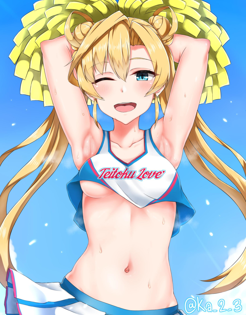1girl abukuma_(kantai_collection) armpits arms_up bangs blonde_hair blue_eyes blush breasts cheerleader clothes_writing cloud crop_top crop_top_overhang day double_bun eyebrows_visible_through_hair hair_rings highres ka_tsumi kantai_collection long_hair medium_breasts midriff navel one_eye_closed open_mouth outdoors pleated_skirt pom_poms skirt sky solo steam stomach sweat twintails twitter_username underboob upper_body