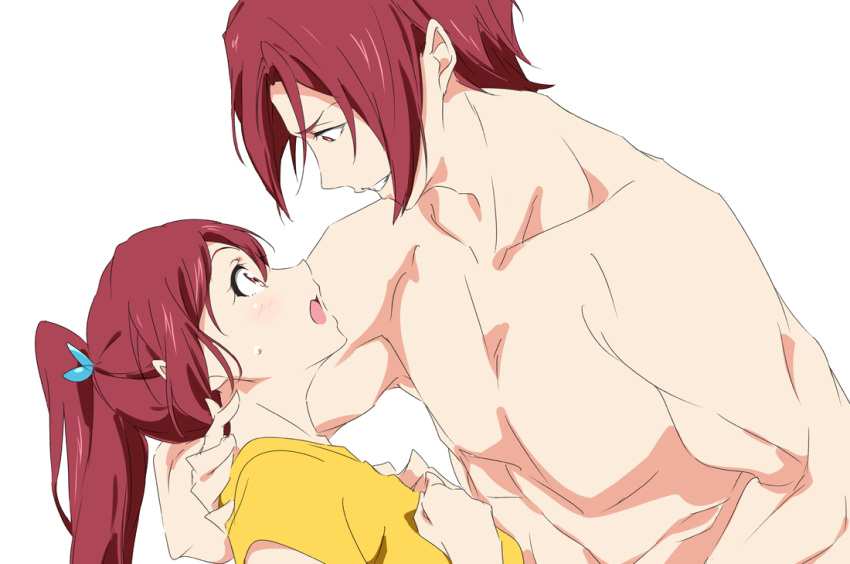 1boy 1girl brother_and_sister collarbone commentary_request eye_contact free! long_hair looking_at_another matsuoka_gou matsuoka_rin open_mouth ponytail red_eyes red_hair short_hair siblings smile solo umanosuke white_background