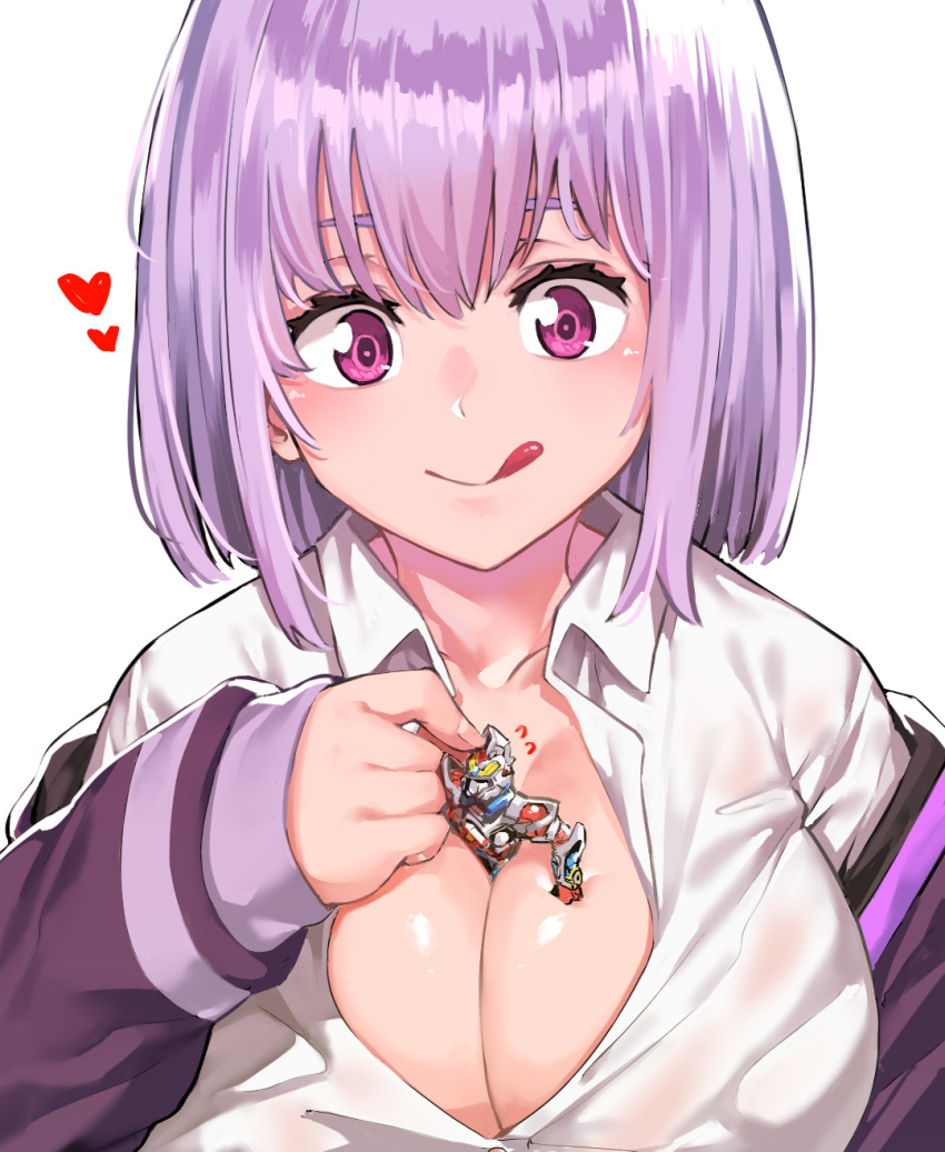 1boy 1girl bangs between_breasts breasts closed_mouth collarbone collared_shirt eye_color_request eyebrows_behind_hair fingernails flying_sweatdrops gridman_(character) highres holding_person jacket large_breasts lavender_hair long_sleeves looking_at_another person_between_breasts person_in_cleavage purple_jacket shinjou_akane shiny shiny_hair shiny_skin shirt short_hair size_difference sleeves_past_wrists smile ssss.gridman stuck surprised_arms tokusatsu upper_body white_shirt wing_collar yumoteliuce