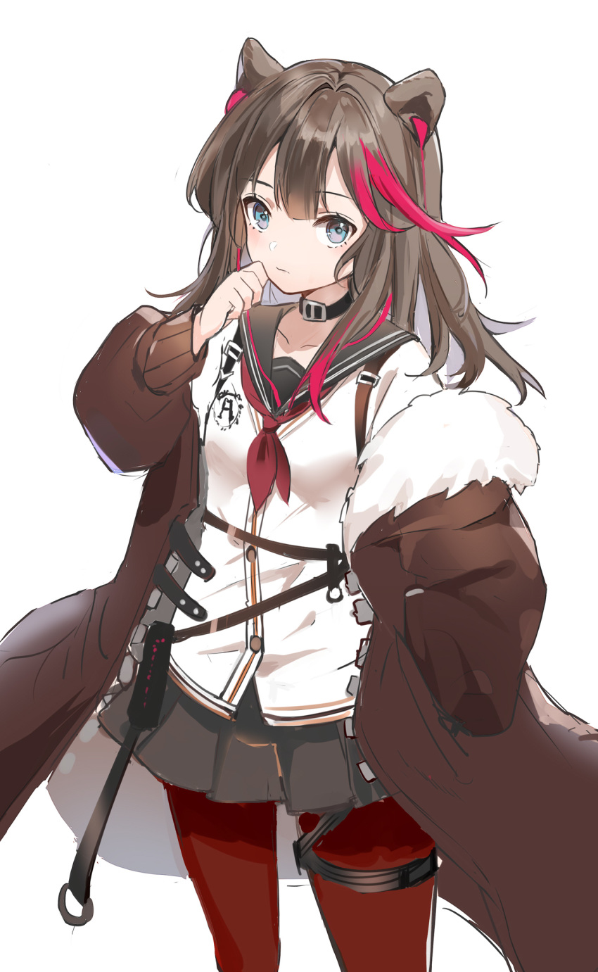 1girl animal_ears arknights bear_ears black_choker black_sailor_collar black_skirt blue_eyes breasts brown_coat brown_hair bxr choker closed_mouth coat collarbone cowboy_shot fur_collar hand_up highres long_hair long_sleeves looking_at_viewer miniskirt multicolored_hair neckerchief open_clothes open_coat pantyhose pink_hair pleated_skirt puffy_sleeves red_legwear red_neckwear sailor_collar school_uniform shirt skirt small_breasts solo two-tone_hair white_shirt zima_(arknights)