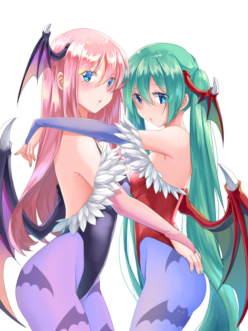 2girls aira_(exp) aqua_hair asymmetrical_docking backless_outfit black_leotard blue_eyes blue_legwear blue_nails breast_press breasts bridal_gauntlets cowboy_shot detached_sleeves dragon_wings from_side hair_between_eyes hand_on_another's_ass hatsune_miku head_wings highres leotard long_hair long_sleeves looking_at_viewer medium_breasts megurine_luka multiple_girls nail_polish pantyhose parted_lips pink_hair purple_legwear purple_sleeves red_leotard red_wings shiny shiny_hair sideboob simple_background small_breasts standing straight_hair twintails very_long_hair vocaloid white_background wings