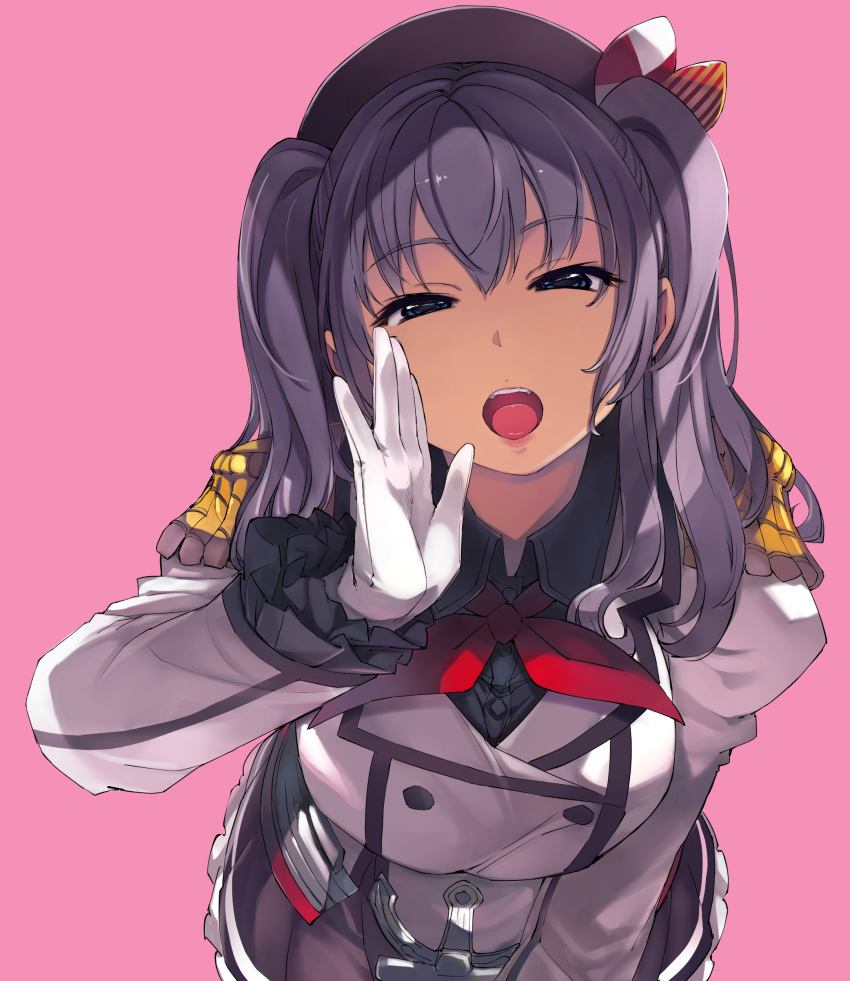 1girl absurdres blue_eyes breasts epaulettes eyebrows_visible_through_hair frilled_sleeves frills gloves hair_between_eyes half-closed_eyes hat highres jacket kantai_collection kashima_(kantai_collection) large_breasts leaning_forward looking_at_viewer military_jacket open_mouth oral_invitation pink_background pleated_skirt purple_hair skirt solo tongue white_gloves white_jacket xration