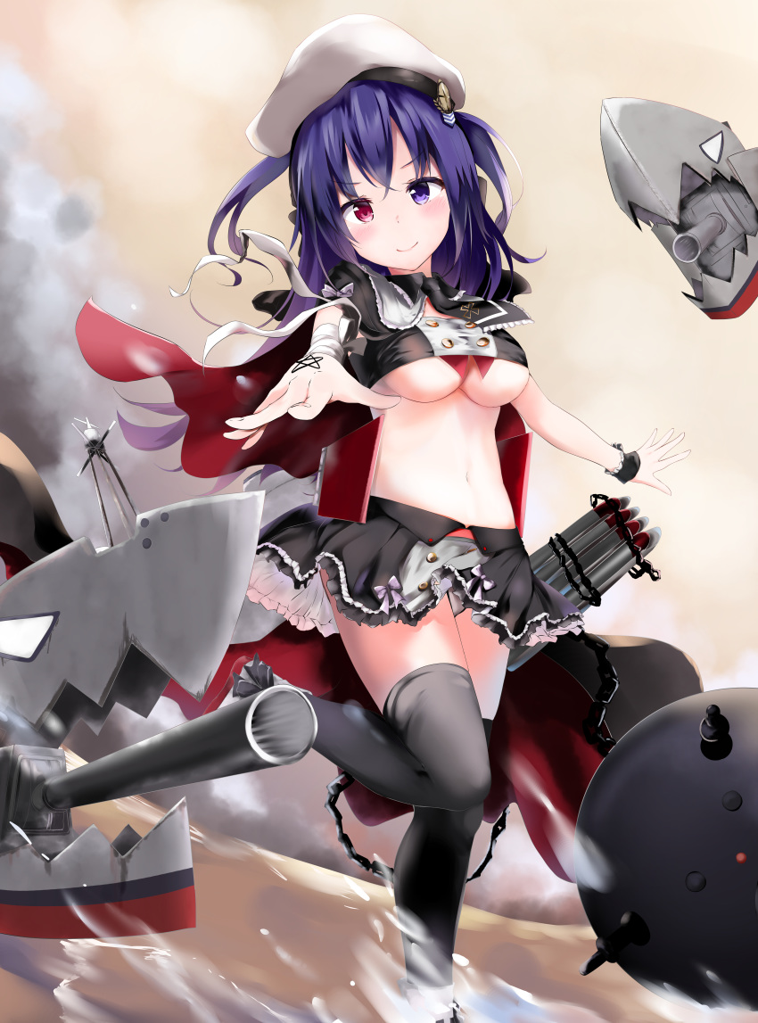 1girl absurdres azur_lane bandeau black_cape black_legwear black_neckwear black_skirt blush breasts cape chain closed_mouth commentary_request flail hat heterochromia highres huge_filesize kuromiko_shoujo large_breasts leg_up long_hair looking_at_viewer machinery mast midriff miniskirt morning_star navel necktie outstretched_arm panties pantyshot pantyshot_(standing) peaked_cap purple_eyes purple_hair red_eyes ribbon short_necktie skirt smile solo standing standing_on_one_leg star tattoo thighhighs torpedo torpedo_tubes turret two_side_up underboob underwear v-shaped_eyebrows water weapon white_headwear white_panties white_ribbon wing_collar wrist_cuffs wrist_ribbon z36_(azur_lane)