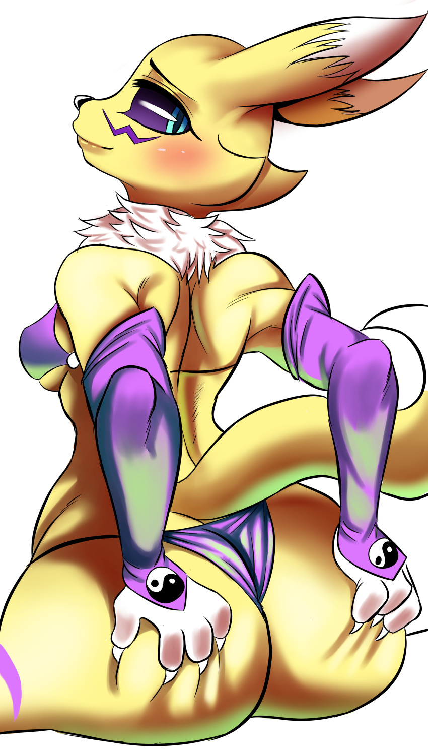 2019 4_fingers absurd_res anthro armwear big_butt bikini black_nose blush breasts butt canid canine clothed clothing digimon digimon_(species) elbow_gloves female fingers gloves handwear hi_res holding_butt isolatedartest_(artist) looking_back mammal neck_tuft rear_view renamon simple_background sitting smile solo swimwear tuft under_boob white_background yin_yang